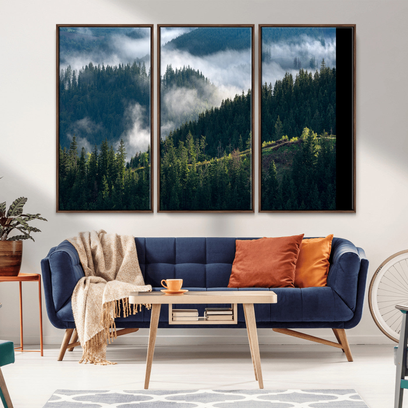 Moody canvas of misty pine forests over layered hills, perfect for cool-toned nature-inspired or woodland-style home decor.