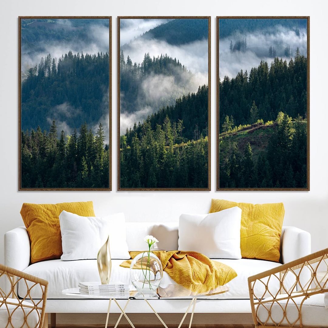 Moody canvas of misty pine forests over layered hills, perfect for cool-toned nature-inspired or woodland-style home decor.