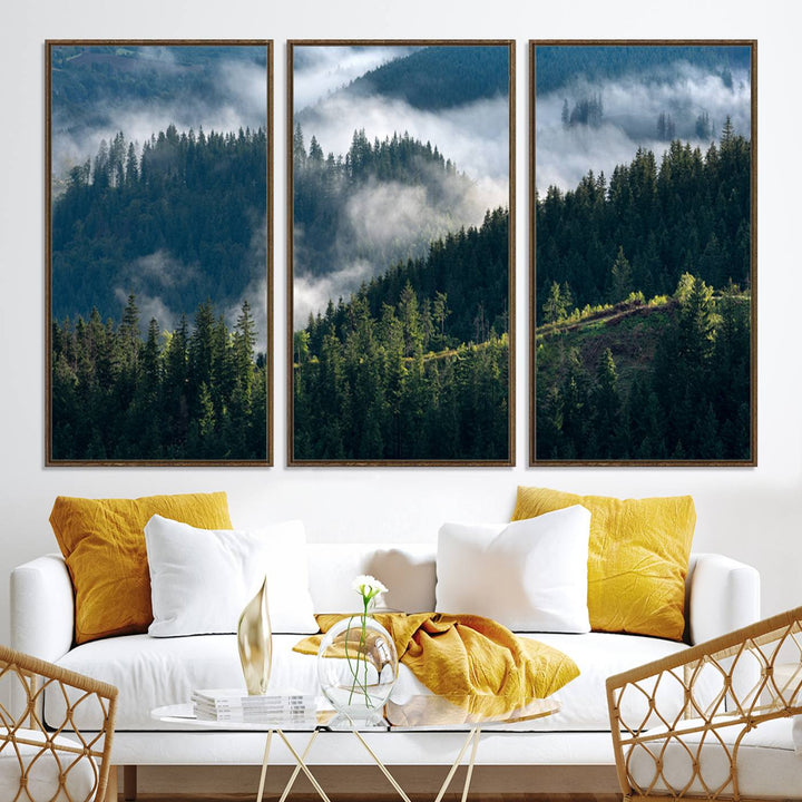 Moody canvas of misty pine forests over layered hills, perfect for cool-toned nature-inspired or woodland-style home decor.