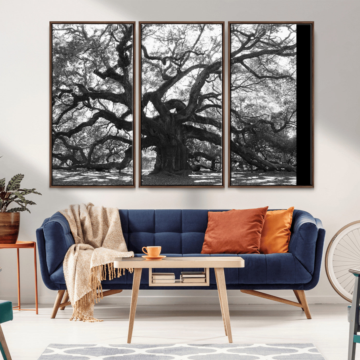 Black and white canvas of an ancient oak tree with sprawling, twisted branches, ideal for moody nature-inspired or rustic decor.