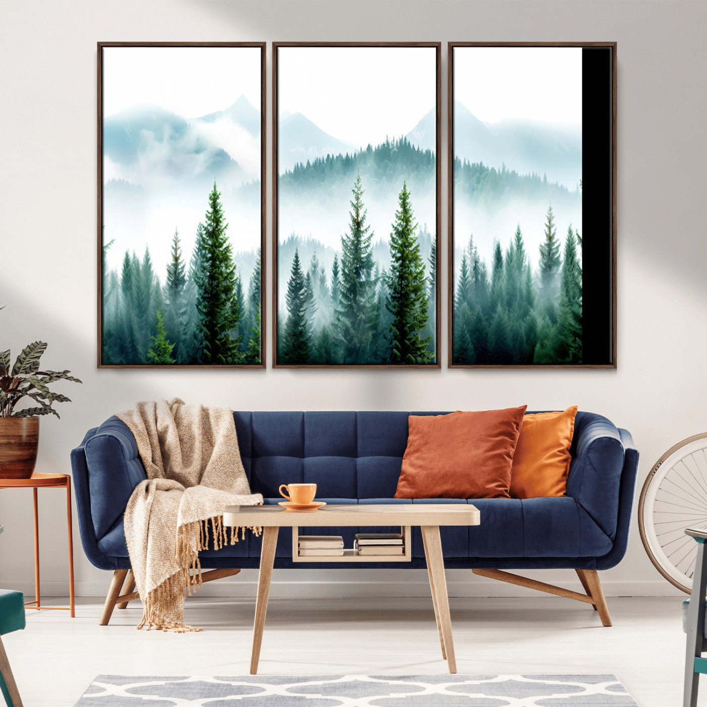 Canvas of pine forest and misty mountain layers in cool tones, perfect for moody forest or serene nature-inspired home decor.