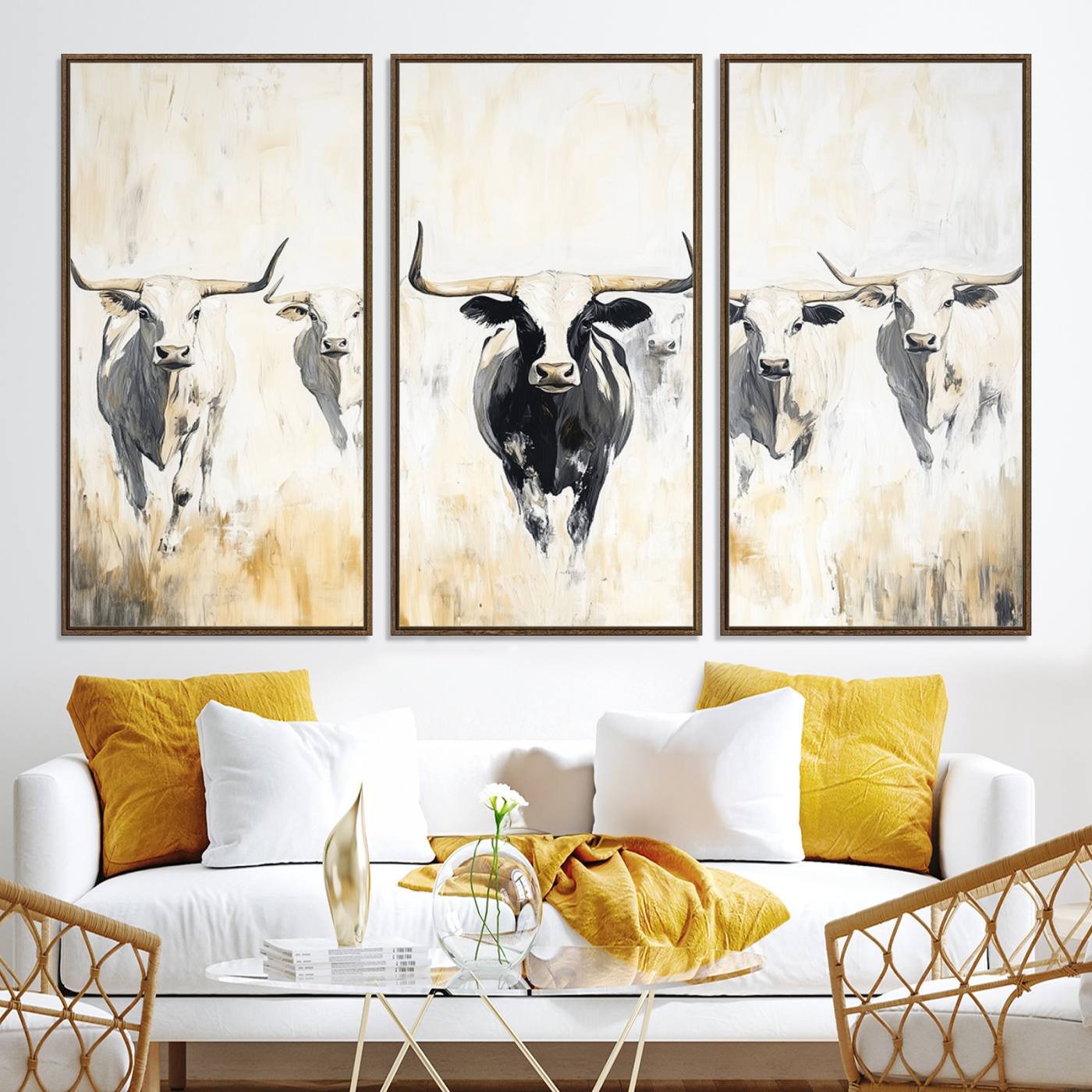 40397799-MGV-CV-36X24-Texas Longhorn Canvas Print, Framed Rustic Herd Art Picture Print, Western Bull Perfect Neutral Western Decor