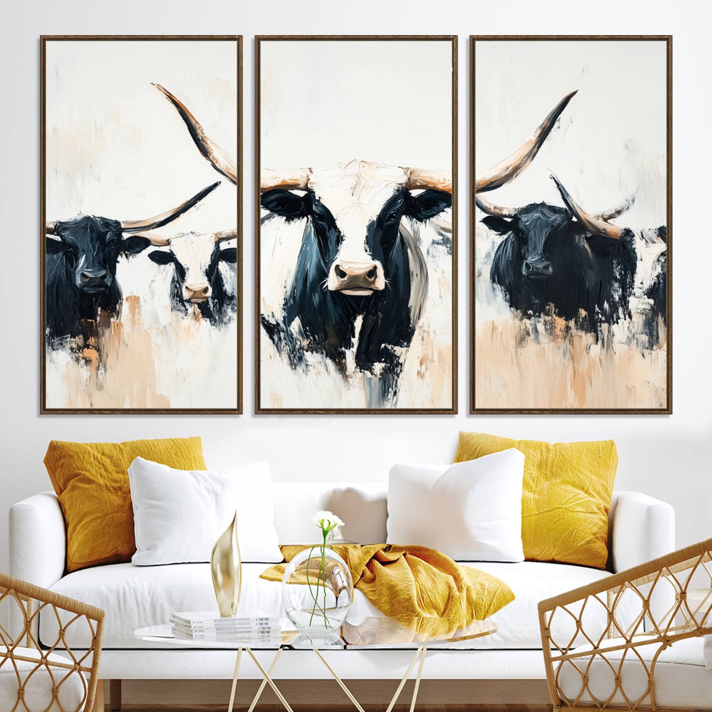 94780606-MGV-CV-36X24-Texas Longhorn Wall Art Canvas Print, Framed Western Cattle Art Picture Print, Horned Bull Perfect Rustic Western Decor, Western Cattle
