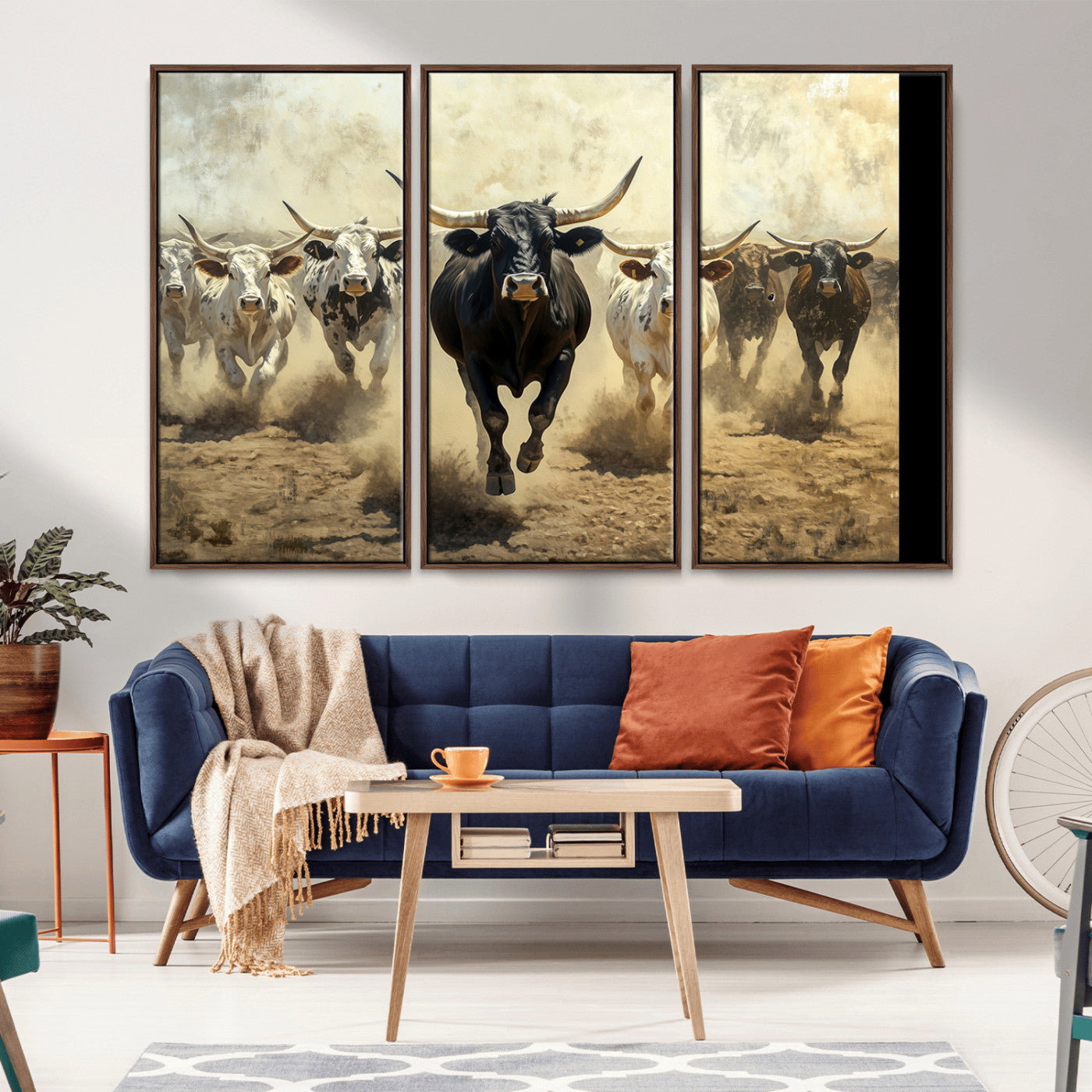 Dynamic canvas showing a Texas Longhorn stampede with earthy tones and bold movement, perfect for rustic or Western-style interiors.