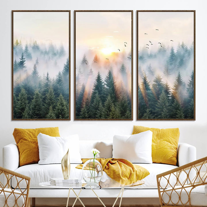 Misty Pine Forest Wall Art: A depiction of sunrise over foggy trees and birds against a bright sky; a framed woodland scene ideal for home or office decor.