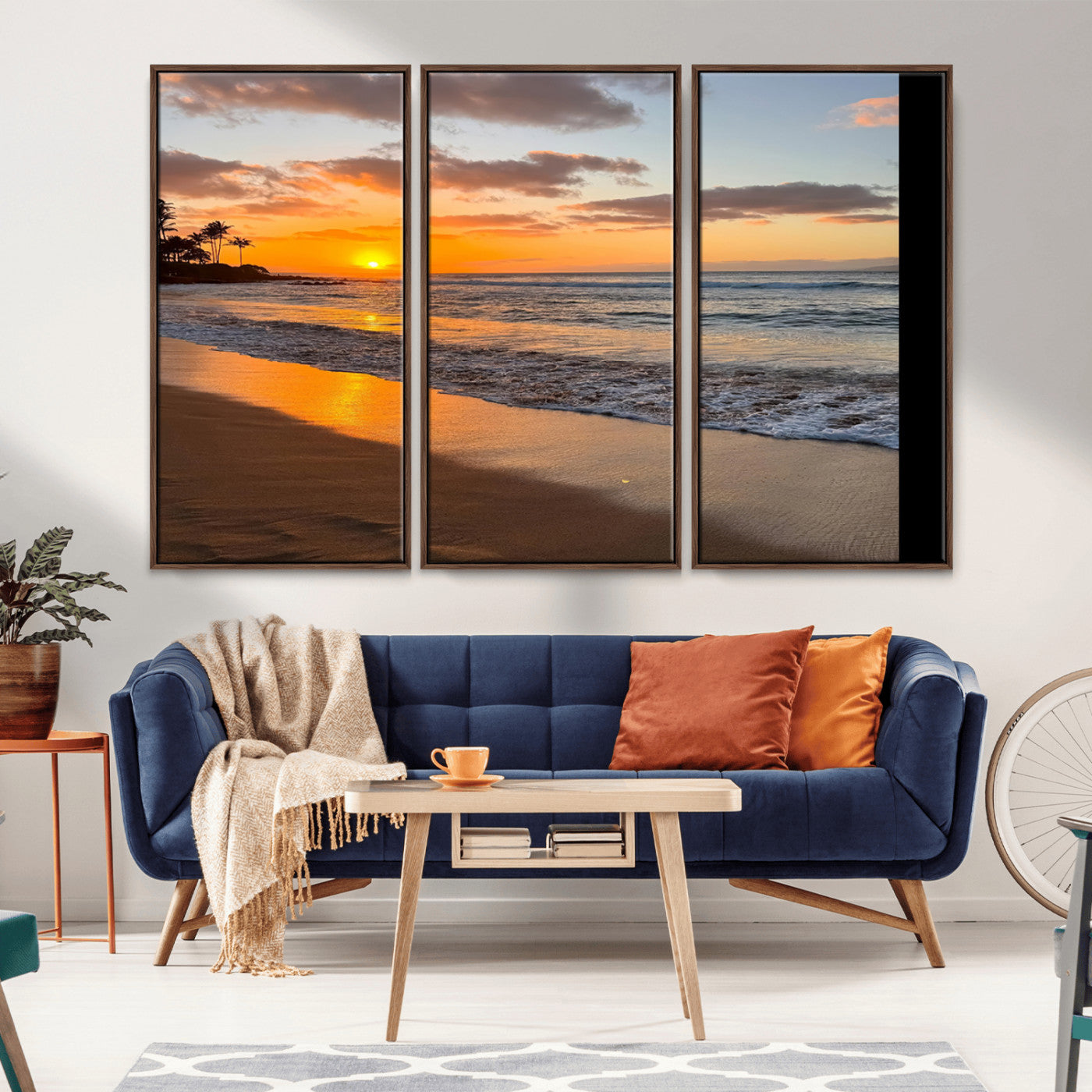 Canvas of a tropical beach at sunset with golden reflections and palm trees, perfect for vibrant coastal or island-style decor.
