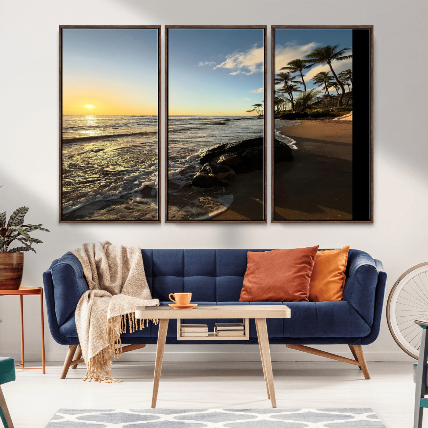 Canvas of a golden sunset on a tropical beach with palm trees and calm waves, perfect for coastal or island-themed home decor.