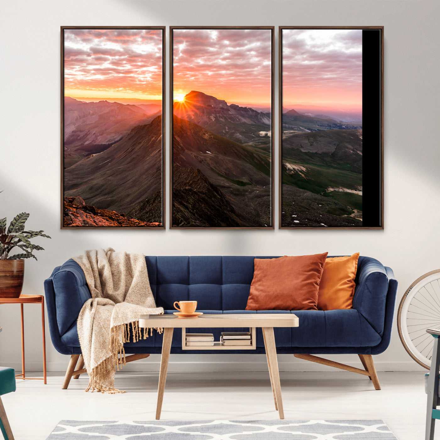 Canvas showing a mountain ridge at sunrise with golden light and dramatic clouds, perfect for nature or rustic-inspired wall decor.