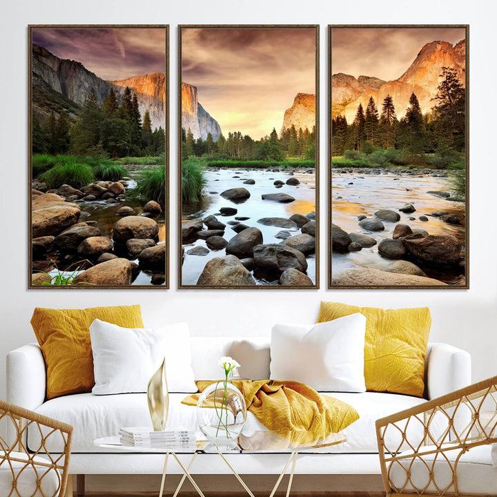 A tranquil riverside sunset mirrors the beauty of a Yosemite wall art masterpiece like the Large El Capitan Print.