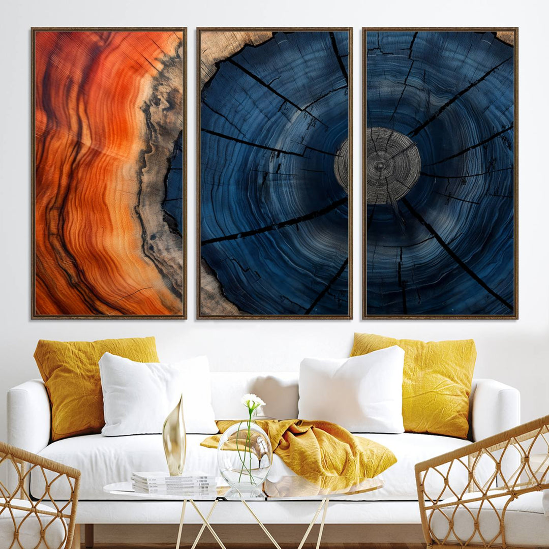 Abstract Tree Rings Canvas Print with vibrant colors—ideal farmhouse wall art for a woodland-themed home.