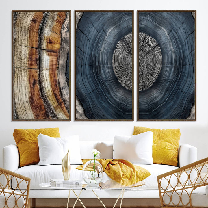 Close-up of the Abstract Tree Rings Wall Art Print featuring shades of blue, brown, and gray.