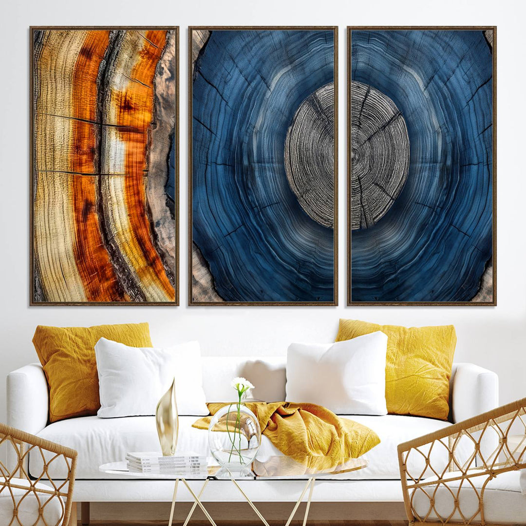 Vibrant Abstract Tree Rings in Orange, Brown, and Blue - Canvas Print for Nature Woodland Wall Decor.