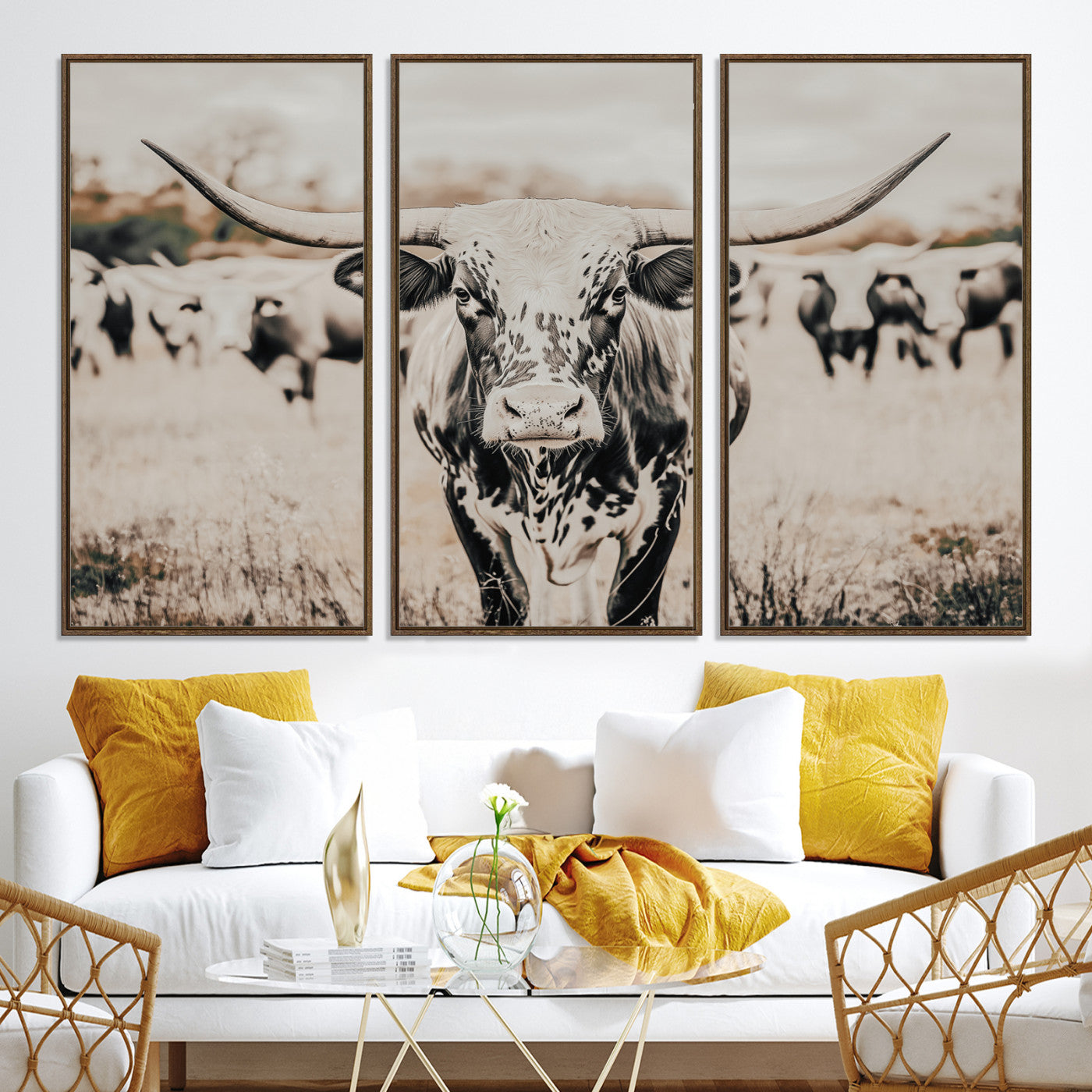 27497342-MGV-CV-36X24-Texas Longhorn Wall Art Canvas Print, Framed Speckled Cow Art Picture Print, Horned Cattle Perfect Rustic Western Decor Artwork