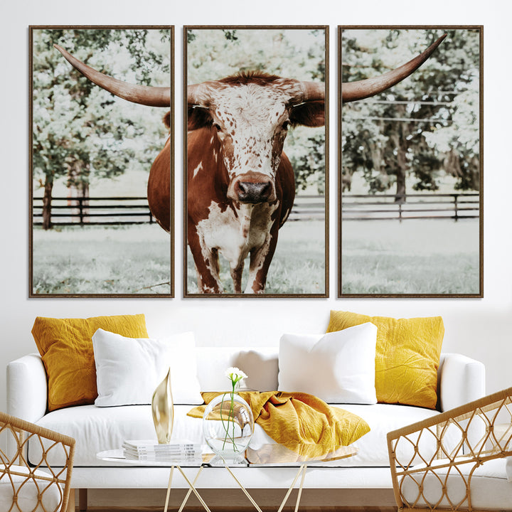 Texas Longhorn Wall Art Canvas Print, Framed Spotted Cow Art Picture Print, Horned Cattle Perfect Rustic Western Decor, Framed Horned Cattle Print