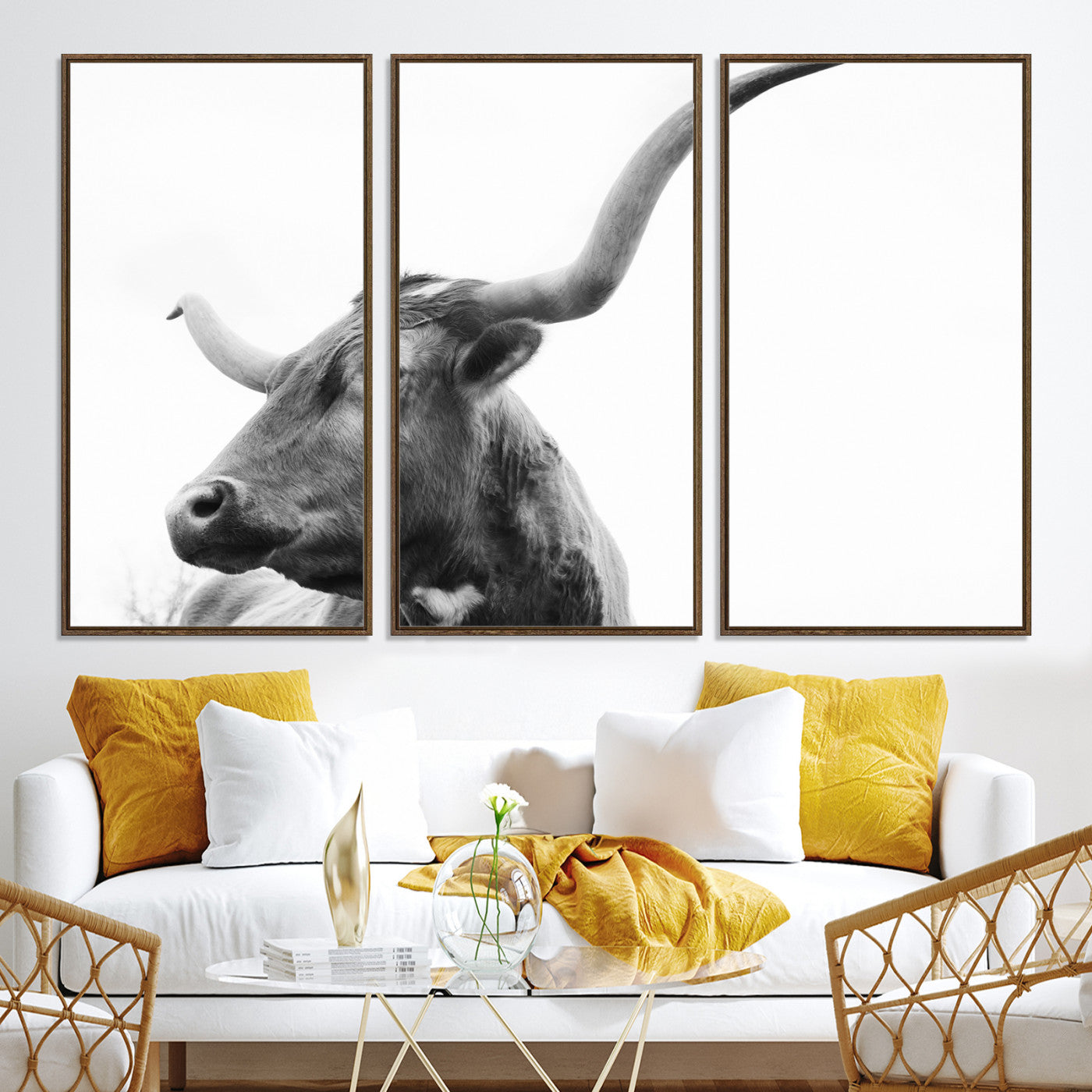 64392617-MGV-CV-36X24-Longhorn Wall Art Wall Art Canvas Print, Framed Modern Ranch Style Art Art Picture Print, Monochrome Cow Print Perfect Rustic Western Decor