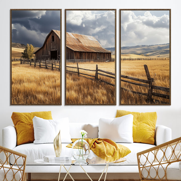Canvas of a weathered wooden barn in a golden field under a dramatic sky, perfect for rustic or farmhouse-style wall decor.