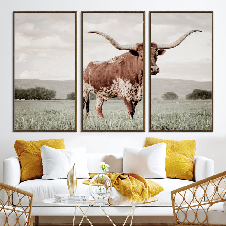 Texas Longhorn Wall Art Canvas Print, Framed Spotted Cattle Art Picture Print, Horned Bull Perfect Rustic Western Decor Artwork