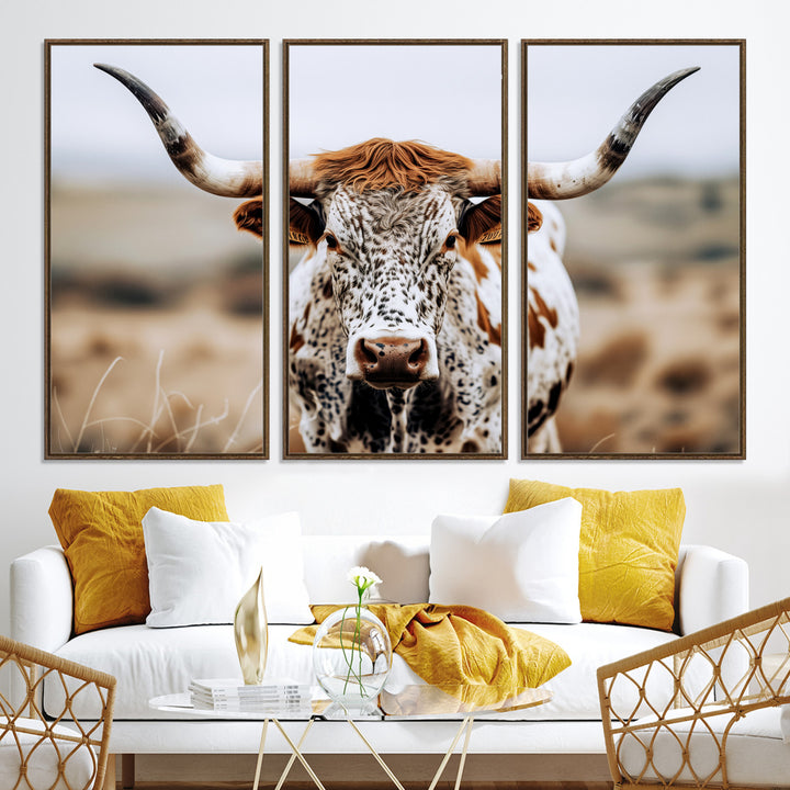 Texas Longhorn Wall Art Canvas Print, Framed Spotted Cow Art Picture Print, Horned Cattle Perfect Rustic Western Decor Artwork