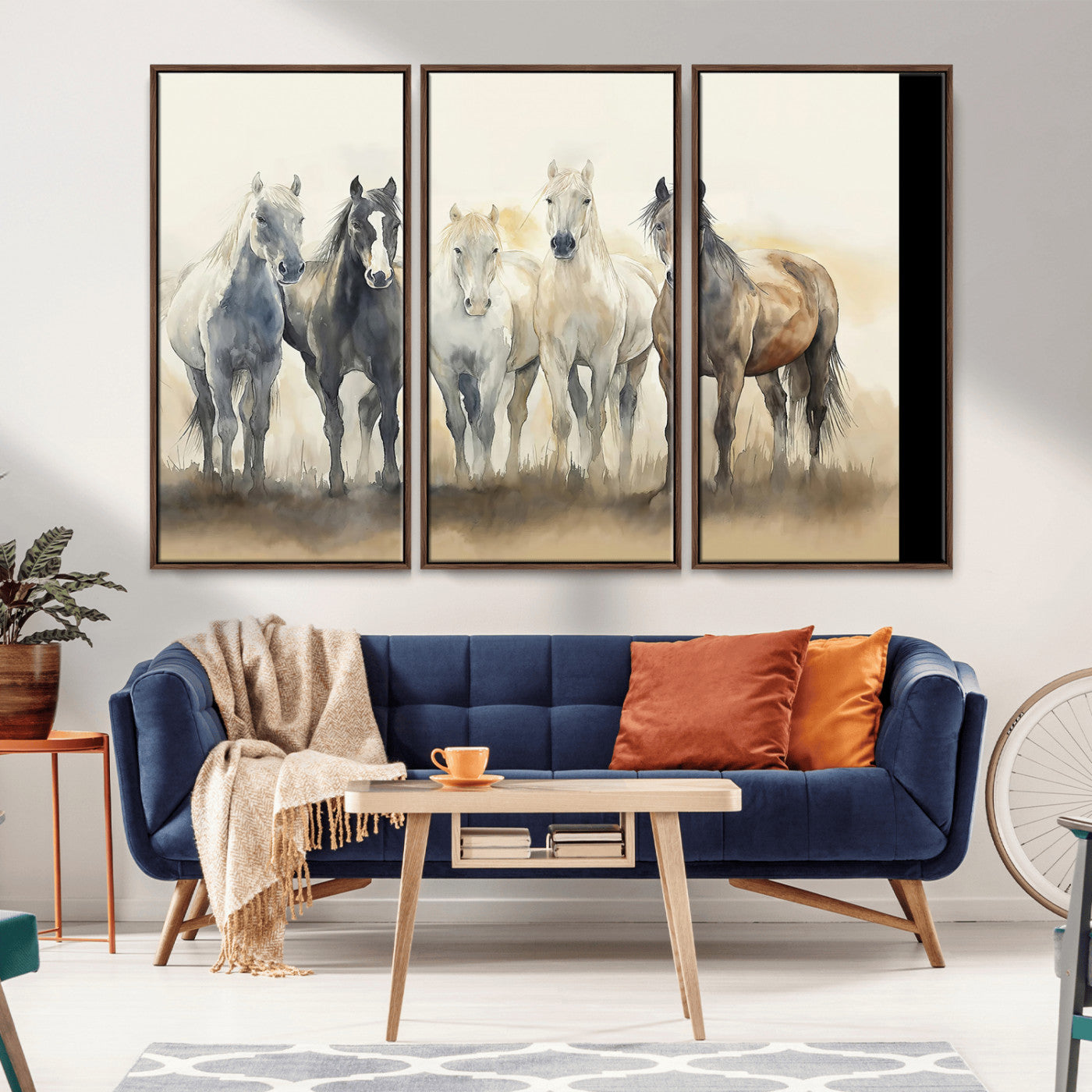 Watercolor illustration of five wild horses in soft neutral tones, perfect for rustic or western-style home decor with a calming natural vibe.