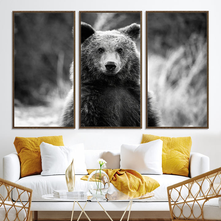 Grizzly Bear Wall Art Canvas Print, Framed Black White Bear Art Picture Print, Wild Bear Perfect Rustic Wildlife Decor