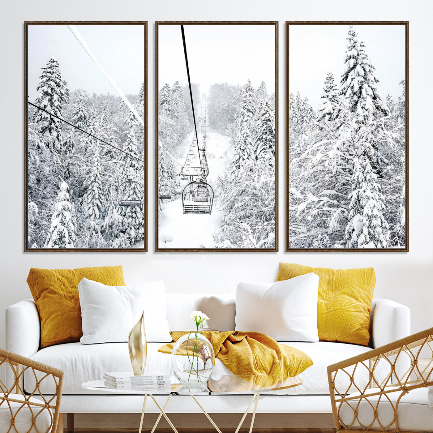 60296839-MGV-CV-36X24-Snowy Mountains Wall Art Canvas Print, Framed Ski Lift Art Picture Print, Winter Forest Perfect Winter Minimalist Decor, Ski Lift Canvas