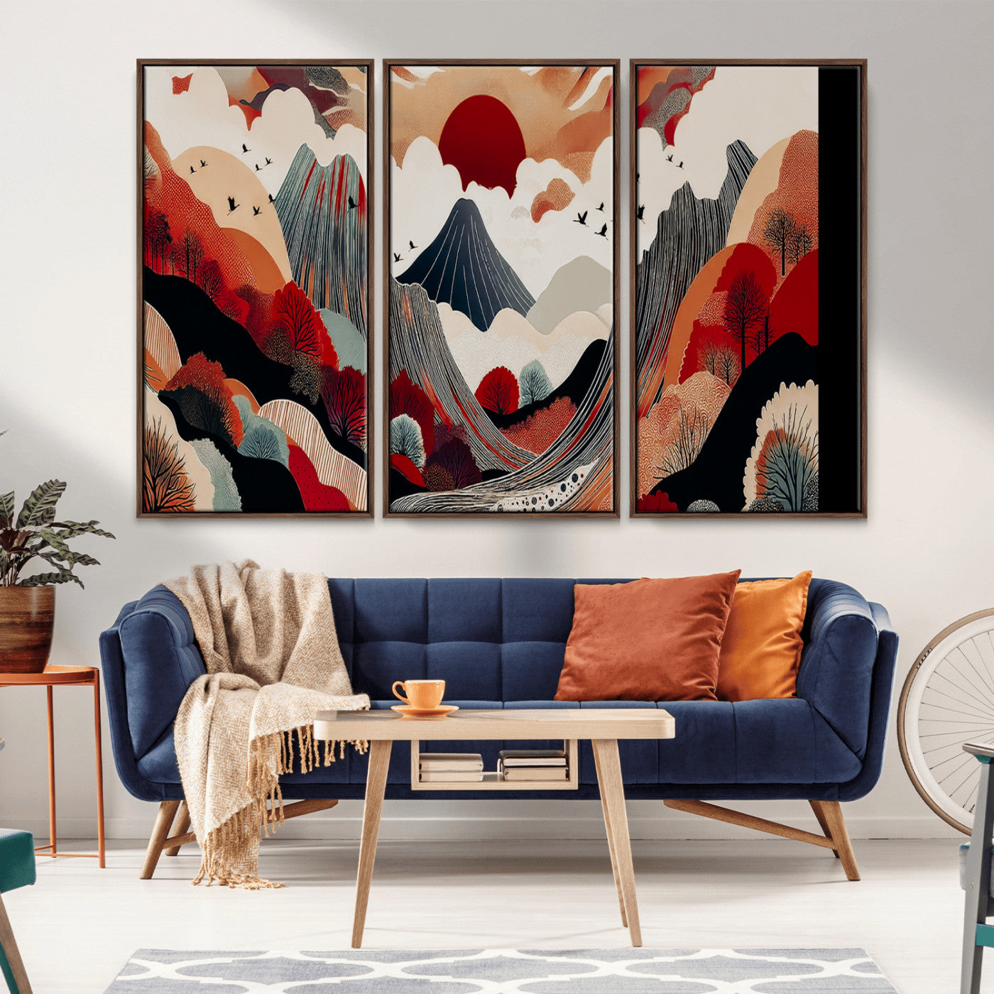 Abstract nature illustration with a red sun, mountains, and vibrant landscapes in graphic style, perfect for contemporary minimalist home decor. Ideal for modern spaces.