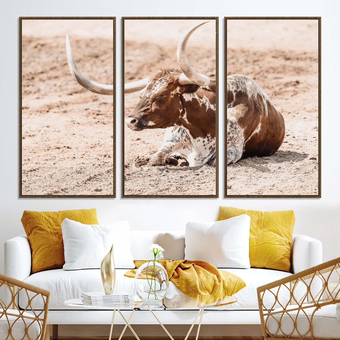 91248682-MGV-CV-36X24-Texas Longhorn Wall Art Canvas Print, Framed Resting Bull Art Picture Print, Spotted Cattle Perfect Rustic Western Decor, Spotted Cattle