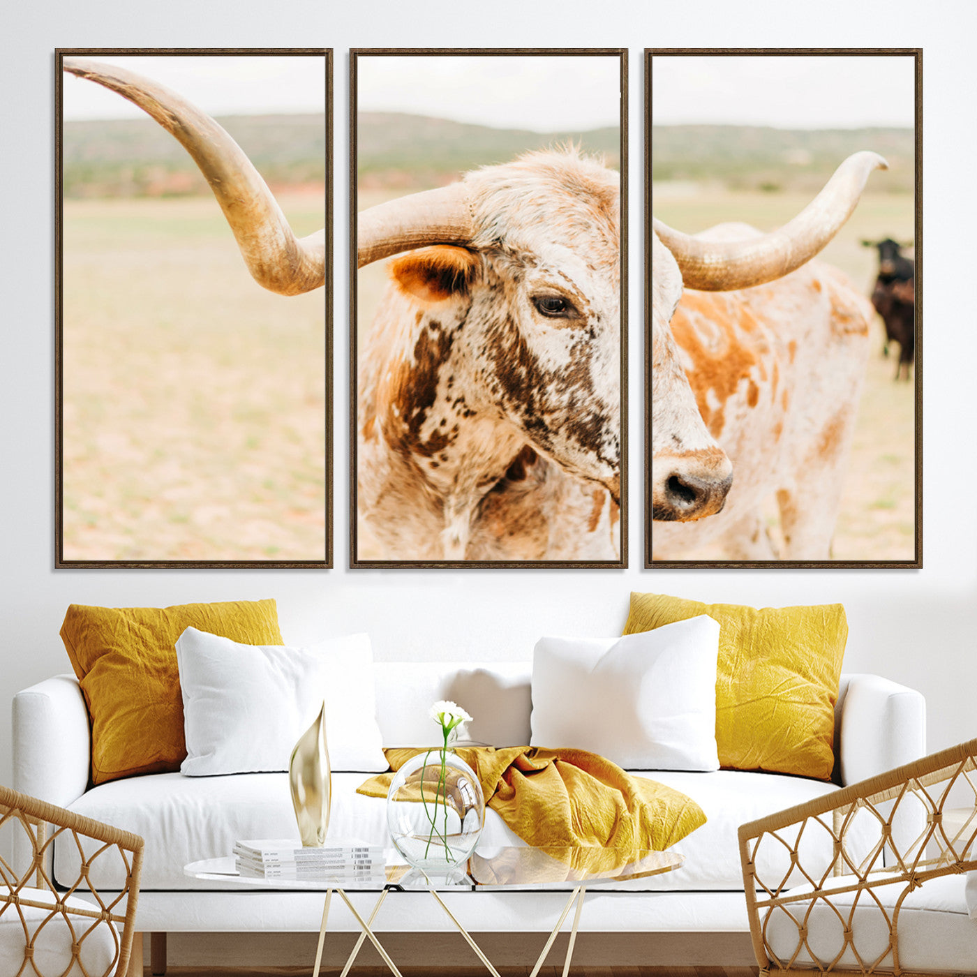 21060648-MGV-CV-36X24-Texas Longhorn Wall Art Canvas Print, Framed Speckled Cow Art Picture Print, Rustic Bull Perfect Rustic Western Decor, Framed Speckled Cow