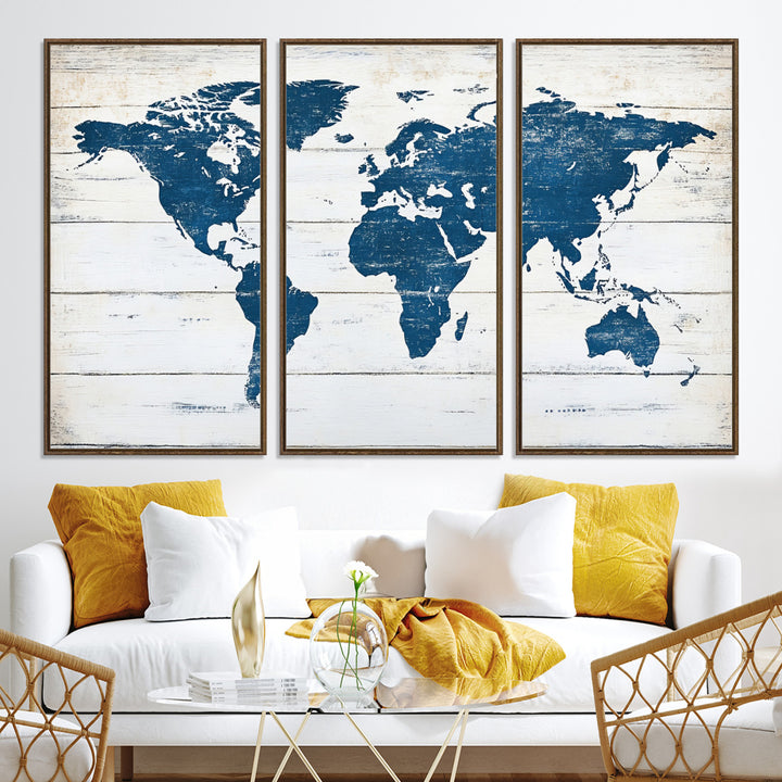Rustic world map with blue continents on distressed wooden planks, perfect for coastal, explorer, or vintage-style wall decor.