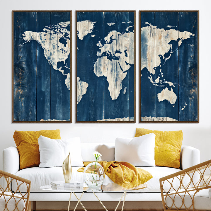World Map Wall Art Canvas Print, Rustic Map Print, Framed Wooden World Map Art Print, Large Antique Map Decor Printing Perfect for Vintage Decor