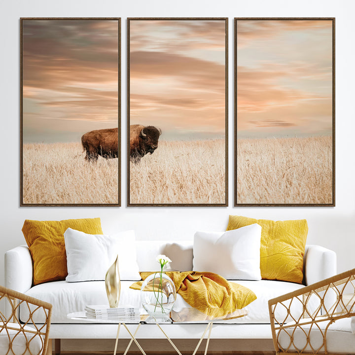 Bison Wall Art Canvas Print, Buffalo Print, Framed Western Prairie Art Print, Large Rustic Wildlife Printing Perfect for Rustic Decor