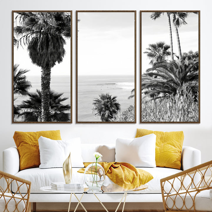 Monochrome canvas of palm trees framing a coastal surf scene, perfect for California-inspired or retro black-and-white beach decor.