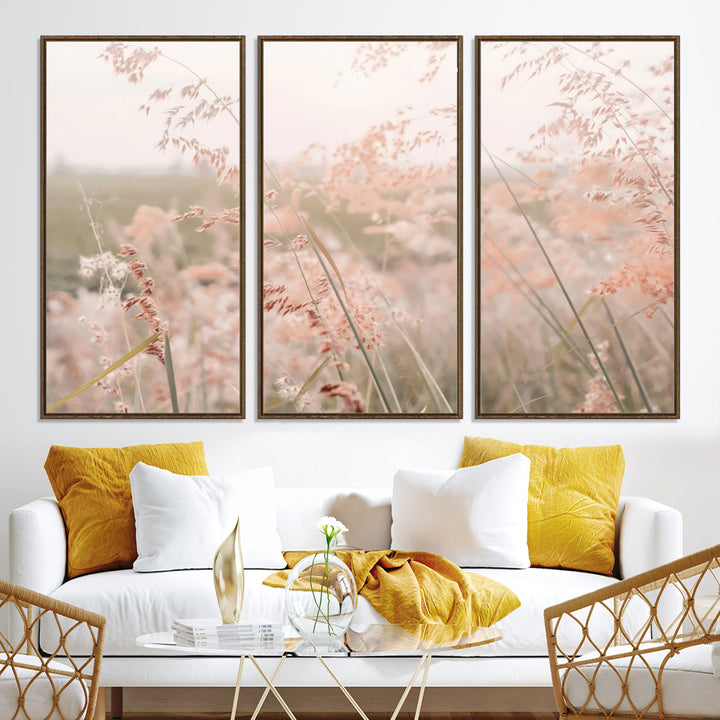 Pastel Grasses Wall Art Canvas Print, Soft Meadow Print, Framed Field in Breeze Art Print, Large Pink Meadow Printing Soft Pastel
