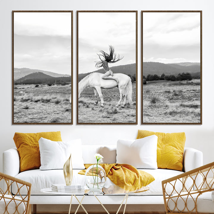 White Horse Wall Art Canvas Print, Woman Rider Print, Framed Equestrian Pose Art Print, Large Grazing Horse Printing Western Boho
