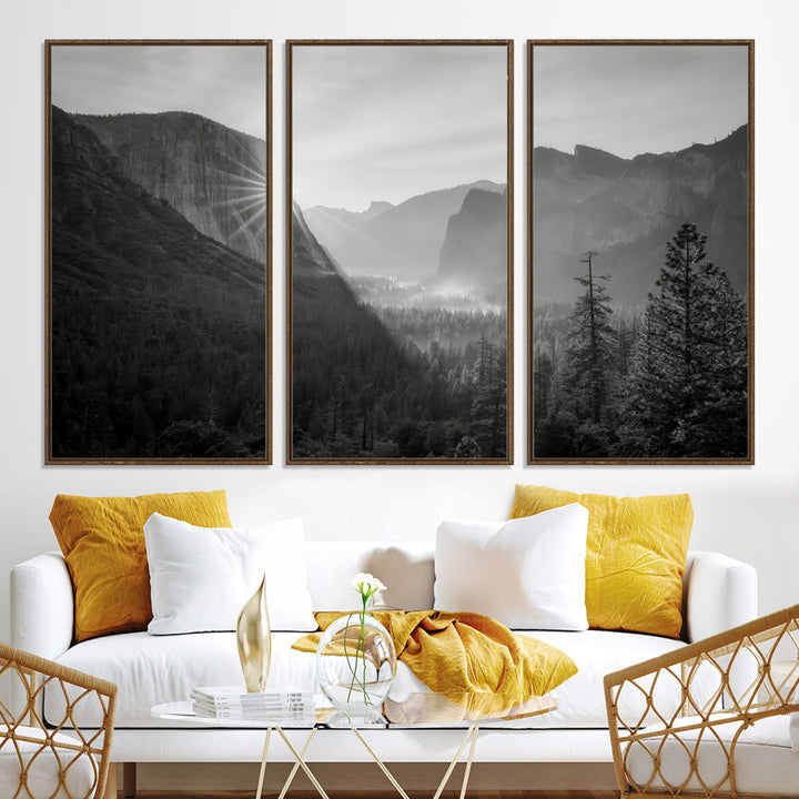 Yosemite Valley Wall Art Canvas Print, El Capitan Sunrise Print, Framed Misty Mountain Art Print, Large Monochrome Valley Printing
