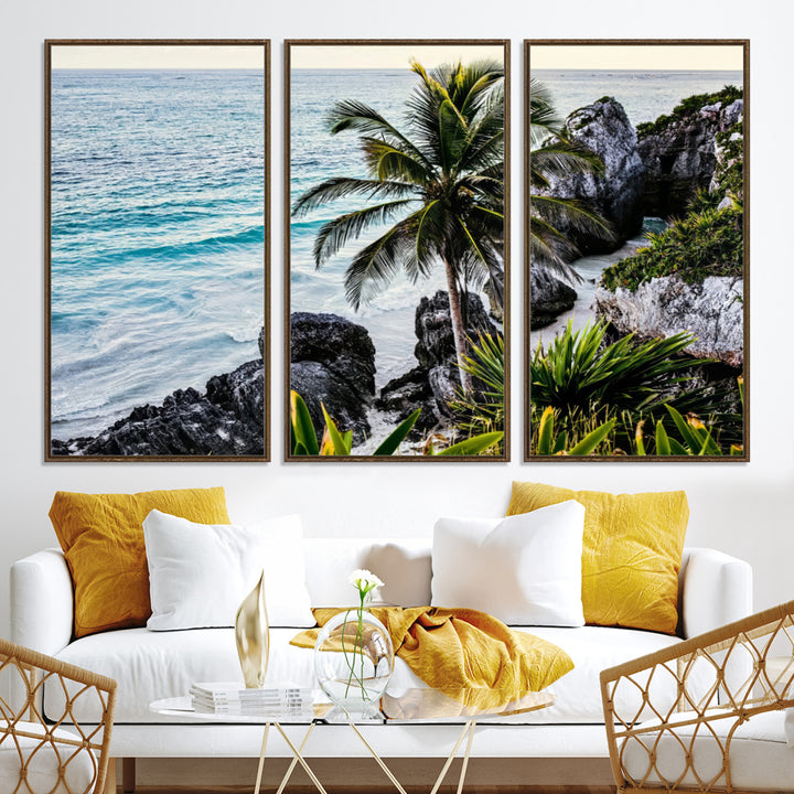 Framed canvas of a vibrant tropical coastline with palm trees, rocky cliffs, and turquoise waters, ideal for tropical coastal home decor.