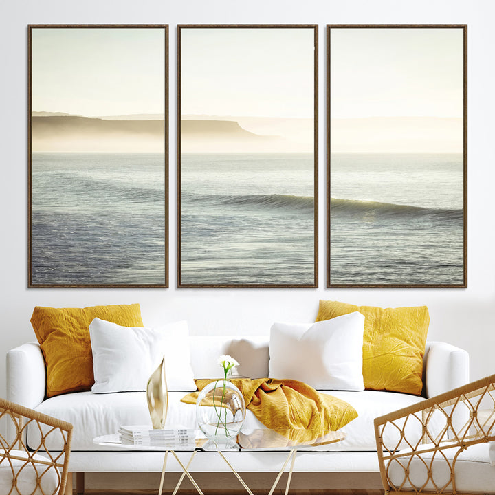 Canvas of a misty ocean scene with coastal cliffs and soft neutral tones, ideal for Scandinavian coastal or minimalist nature-inspired home decor.