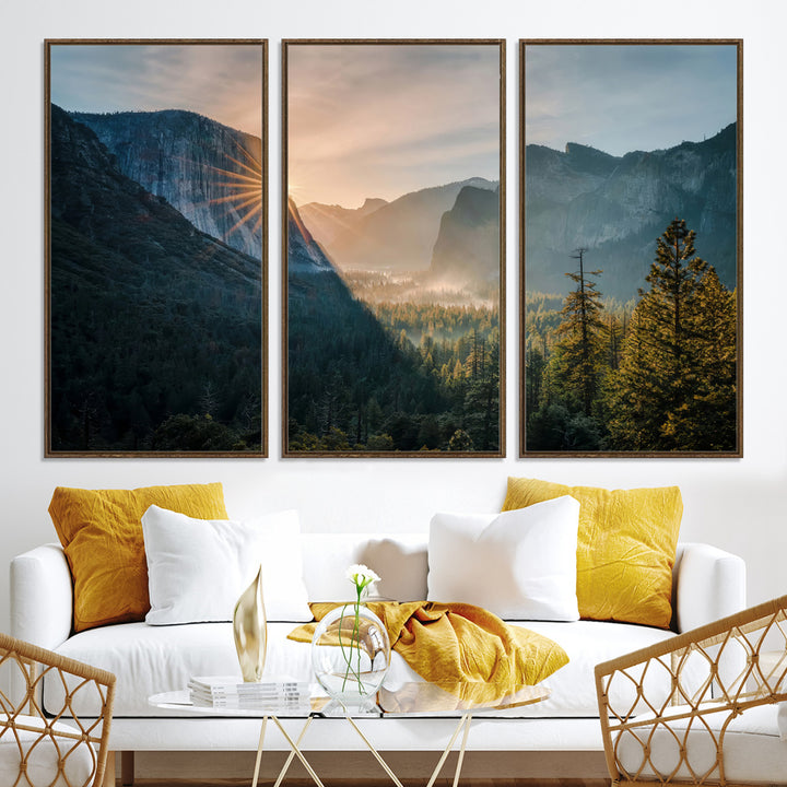 Canvas of Yosemite Valley at sunrise with dramatic rays and earthy tones, perfect for vintage explorer or wilderness-themed home decor.