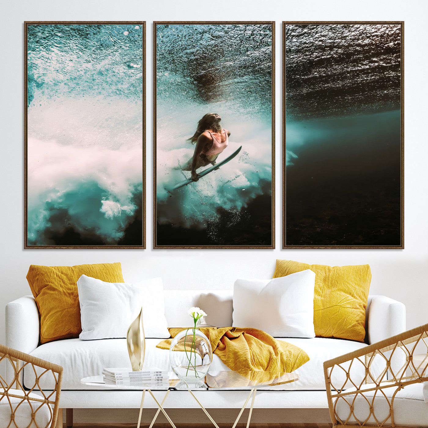 85923512-MGV-CV-40X27-Vibrant Aquatic Motion Wall Art Canvas Print, Framed Underwater Swimming Art Picture Print, Female Surfer Diving Perfect Coastal Boho Decor,