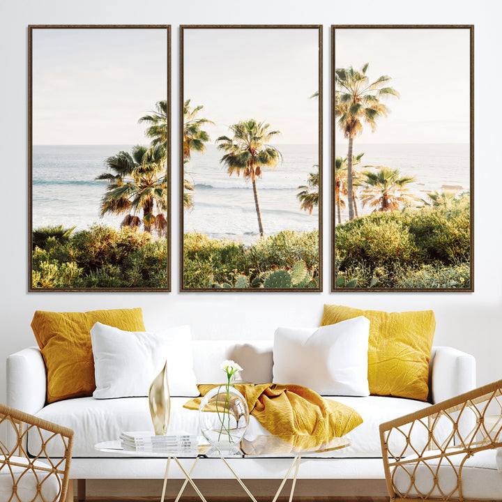 Framed print of sunlit palm trees on the California coast with warm tones, perfect for coastal minimalist or beach-style home decor.