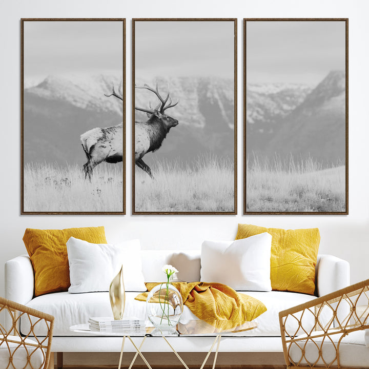 Rustic Elk Wall Art Canvas Print, Wildlife Antler Print, Framed Western Hunting Lodge Art Print, Large Mountain Nature Scene Printing Perfect for Japanese Decor