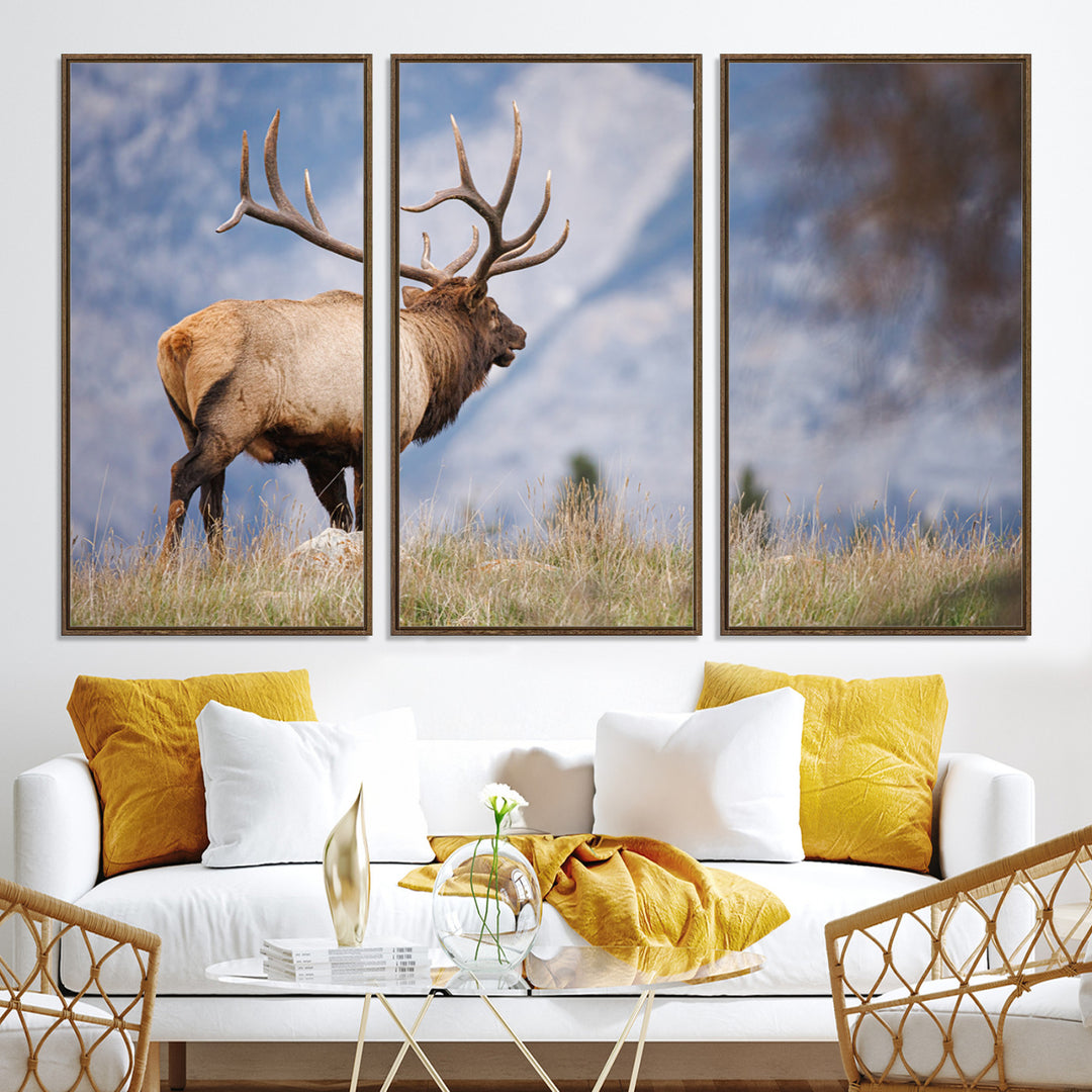 Rustic Elk Wall Art Canvas Print, Wildlife Antler Print, Framed Western Hunting Lodge Art Print