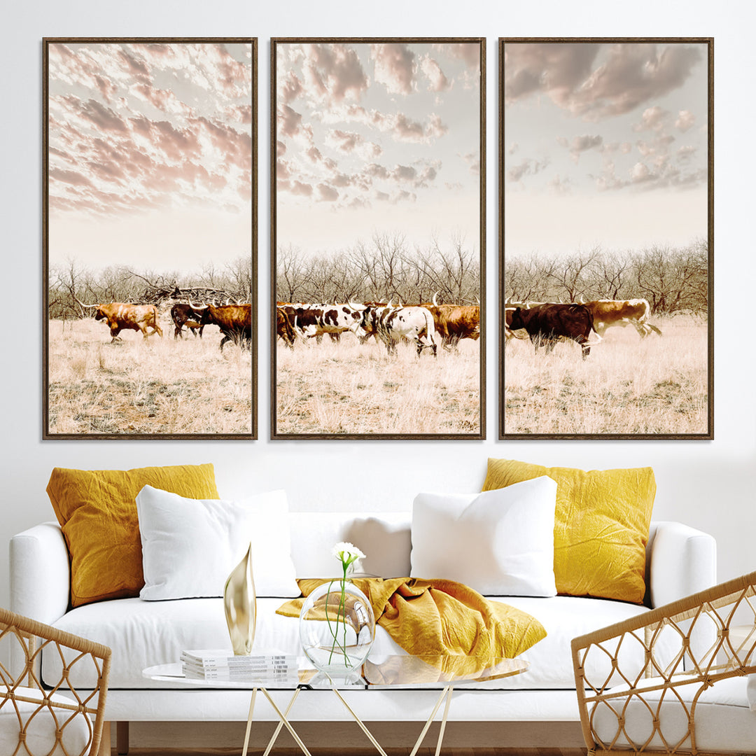 Longhorn Cattle Wall Art Canvas Print, Texas Ranch Print, Framed Western Cow Art Print, Large Prairie Landscape Printing Perfect for Western Decor