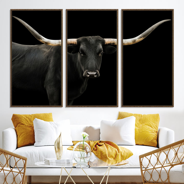 Black White Longhorn Bull Wall Art Canvas Print, Texas Ranch Print, Framed Western Cow Art Print for Farmhouse Decor - Longhorn Print