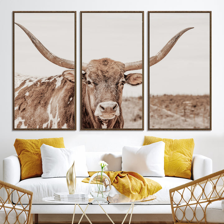 Longhorn Bull Photo Wall Art Canvas Print, Framed Rustic Cow Art Picture Print, Neutral Farmhouse Perfect Rustic Neutral Farmhouse Decor