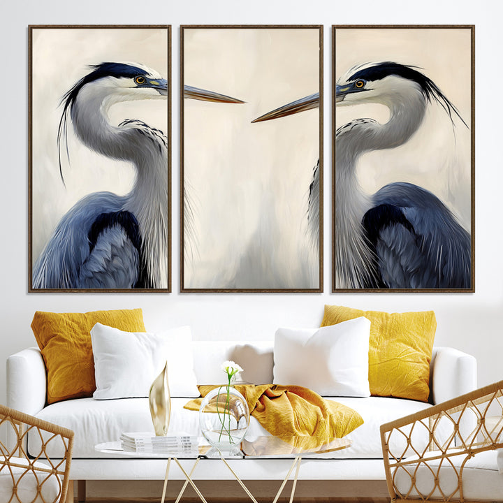 Blue Heron Pair Wall Art Canvas Print, Coastal Bird Theme Print, Framed Tranquil Wildlife Scene Art Print, Large Nature Inspired Decor Printing