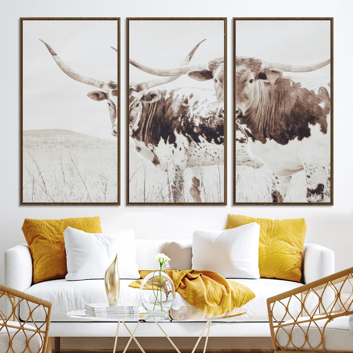 Longhorn Wall Art Wall Art Canvas Print, Western Cow Canvas Print, Framed Rustic Farm Decor Art Print, Large Neutral Animal Scene Printing