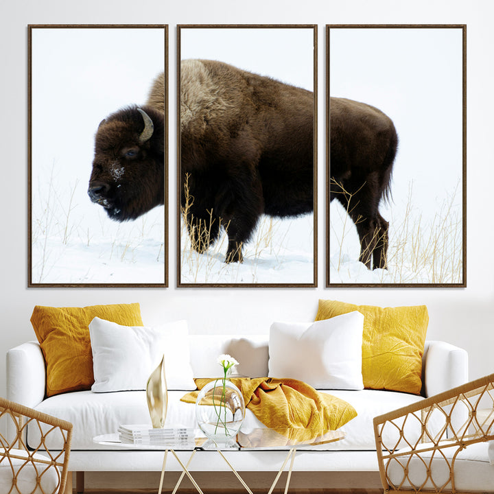 Bison Photography Wall Art Canvas Print, Framed Western Wildlife Art Picture Print, Buffalo On Snow Perfect Western Decor Artwork