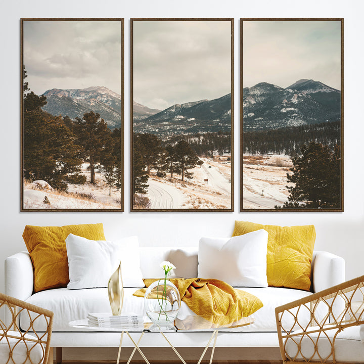 Mountain Landscape Wall Art Canvas Print, Framed Snowy Peaks Art Picture Print, Alpine Aesthetic Perfect Rustic Winter Decor Artwork