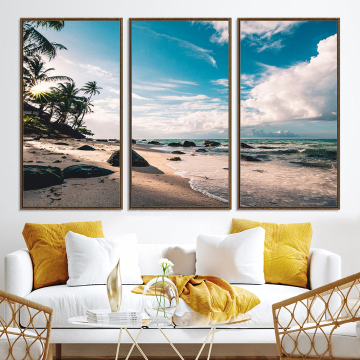 Tropical Beach Wall Art Canvas Print, Framed Ocean Waves Art Picture Print, Relaxing Seascape Perfect Tropical Coastal Decor Artwork